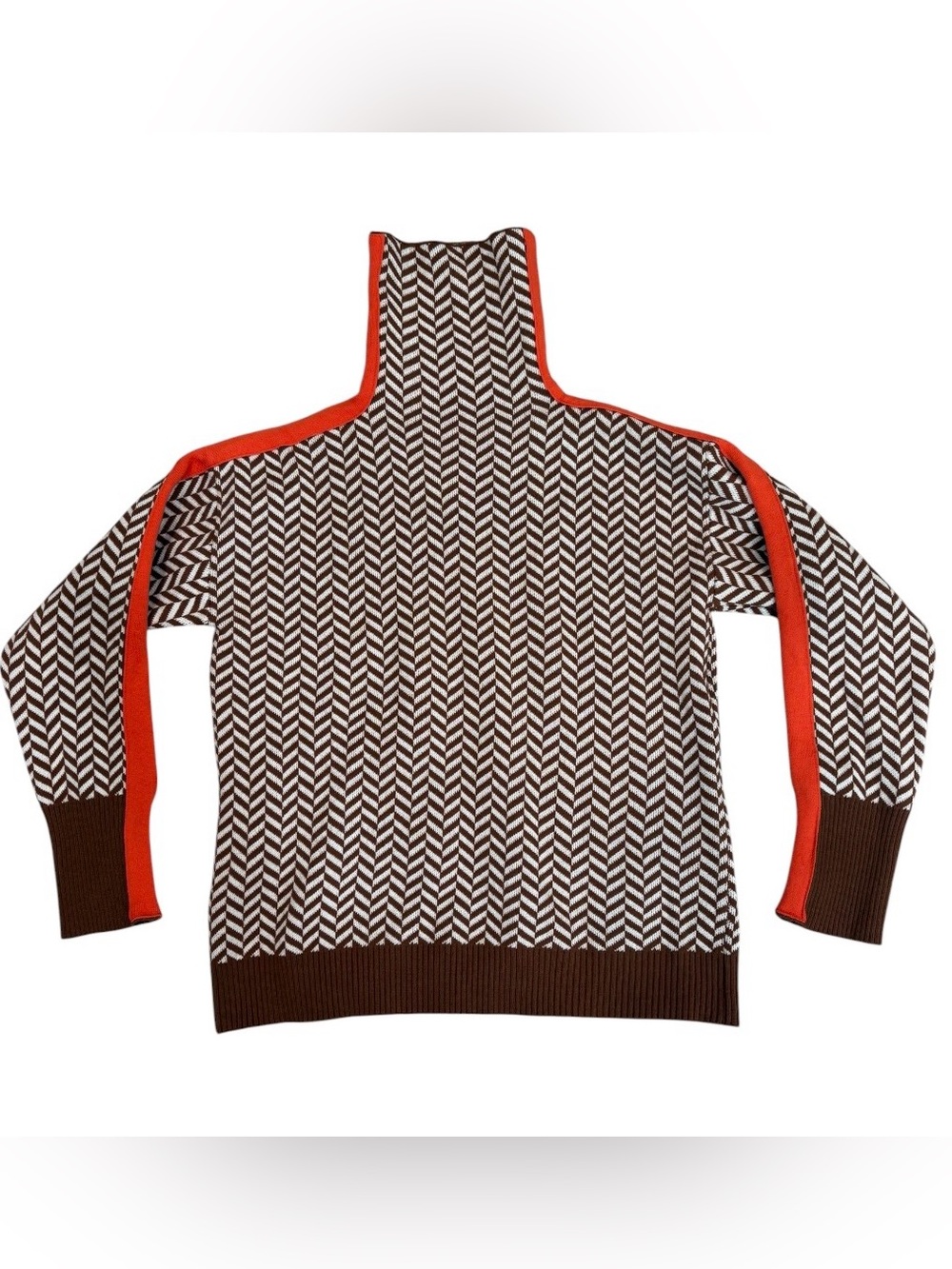 Brown Herringbone Mock Neck Sweater Orange Racing Stripe Retro Mod